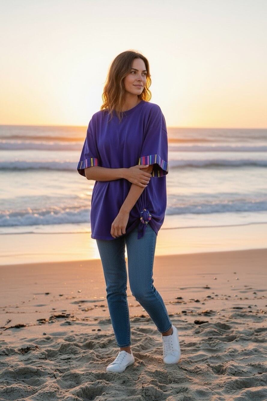 Sunbelt Women's Purple Boxy Pocket Tee Stripe Cuffs & Waist Clip Detail Casual
